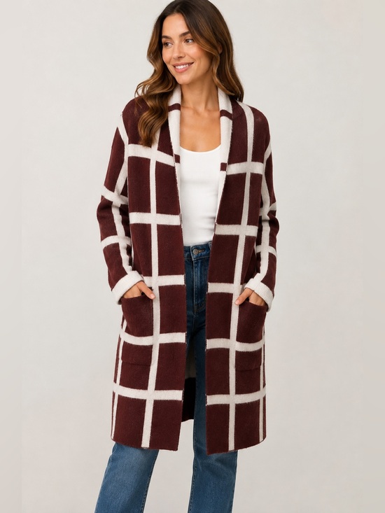 Lost + Wander Sweaters - Lost + Wander Grid Plaid Open-Front Long Cardigan in Brown and Cream - SIZE M/L